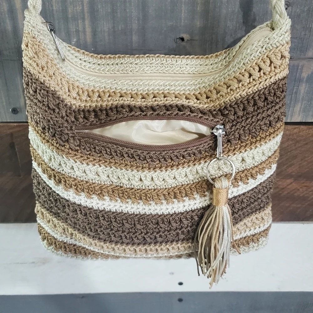 THE Sak Striped Brown Tan Cream Hobo Shoulder Bag Purse - Picture 10 of 14
